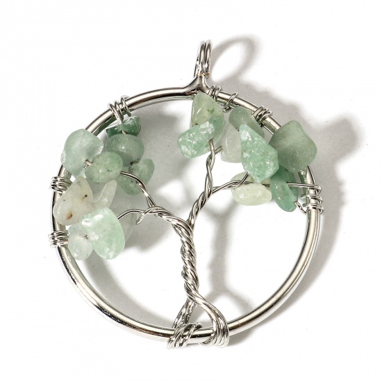 Picture of 1 Piece (Grade B) Aventurine ( Natural ) Wire Wrapped Pendants Silver Tone Round Tree of Life 3.4cm x 2.8cm