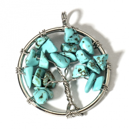 Picture of 1 Piece (Grade B) Turquoise ( Natural ) Wire Wrapped Pendants Silver Tone Round Tree of Life 3.4cm x 2.8cm