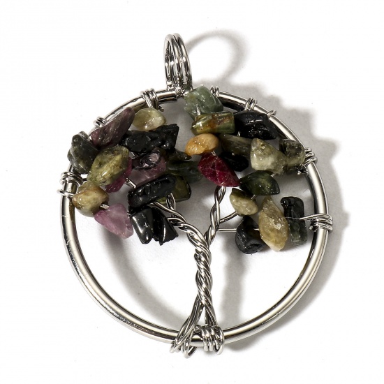 Picture of 1 Piece (Grade B) Tourmaline ( Natural ) Wire Wrapped Pendants Silver Tone Round Tree of Life 3.4cm x 2.8cm