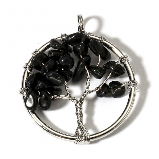 Picture of 1 Piece (Grade B) Obsidian ( Natural ) Wire Wrapped Pendants Silver Tone Round Tree of Life 3.4cm x 2.8cm