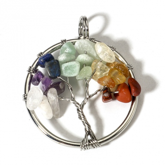 Picture of 1 Piece (Grade B) Gemstone ( Natural ) Wire Wrapped Pendants Silver Tone Round Tree of Life 3.4cm x 2.8cm