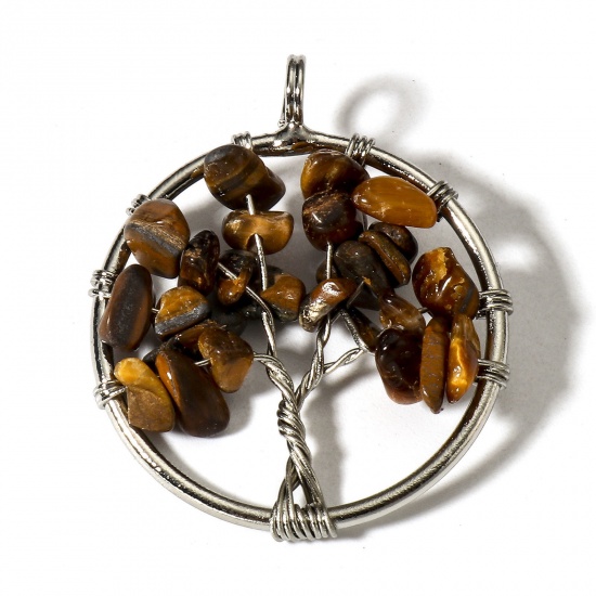Picture of 1 Piece (Grade B) Tiger's Eyes ( Natural ) Wire Wrapped Pendants Silver Tone Round Tree of Life 3.4cm x 2.8cm