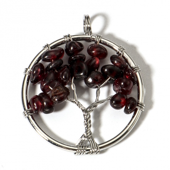 Picture of 1 Piece (Grade B) Garnet ( Natural ) Wire Wrapped Pendants Silver Tone Round Tree of Life 3.4cm x 2.8cm