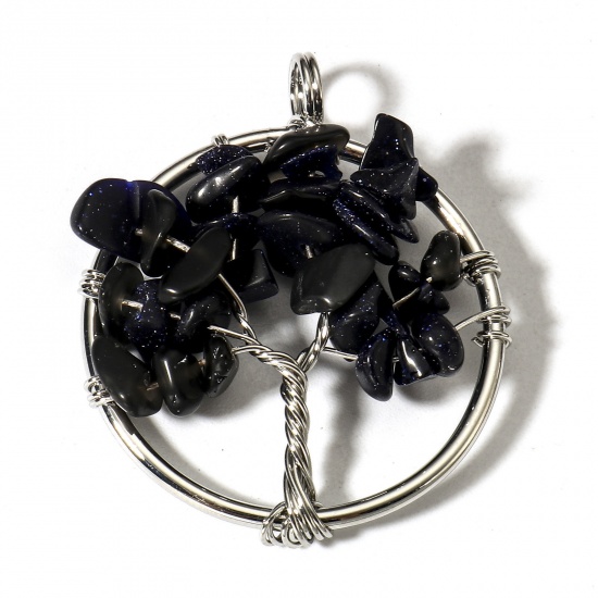Picture of 1 Piece (Grade B) Blue Sand Stone ( Natural ) Wire Wrapped Pendants Silver Tone Round Tree of Life 3.4cm x 2.8cm