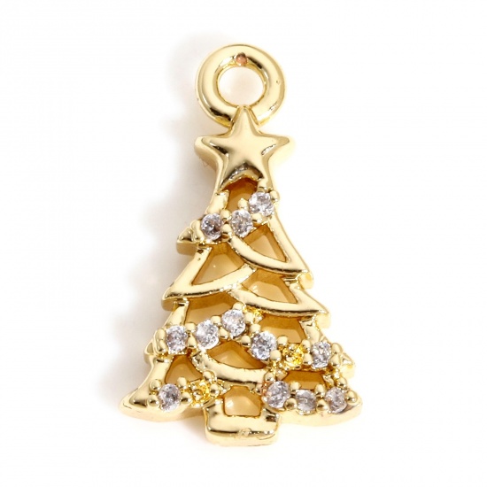 Immagine di 1 Pz Ottone Natale Charms Albero di Natale 18K Vero Oro Placcato Micro Spianare Trasparente Cubic Zirconiae 12.5mm x 7mm