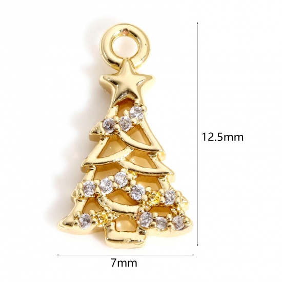 Immagine di 1 Pz Ottone Natale Charms Albero di Natale 18K Vero Oro Placcato Micro Spianare Trasparente Cubic Zirconiae 12.5mm x 7mm