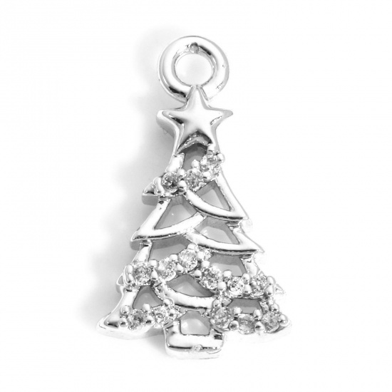 Immagine di 1 Pz Ottone Natale Charms Albero di Natale Vero Platino Placcato Micro Spianare Trasparente Cubic Zirconiae 12.5mm x 7mm