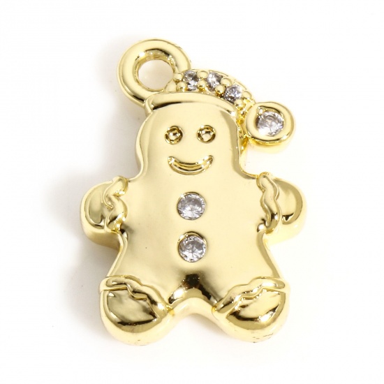 Immagine di 1 Pz Ottone Natale Charms 18K Vero Oro Placcato Ginger Bread Man di Natale Trasparente Cubic Zirconiae 13mm x 9mm