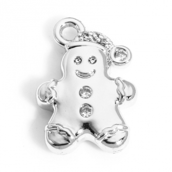 Immagine di 1 Pz Ottone Natale Charms Vero Platino Placcato Ginger Bread Man di Natale Trasparente Cubic Zirconiae 13mm x 9mm