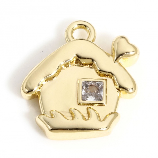 Immagine di 1 Pz Ottone Natale Charms Casa 18K Vero Oro Placcato Trasparente Cubic Zirconiae 12mm x 11mm