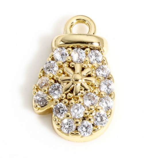 Immagine di 1 Pz Ottone Natale Charms Guanto 18K Vero Oro Placcato Fiocco di Neve Micro Spianare Trasparente Cubic Zirconiae 11mm x 7mm