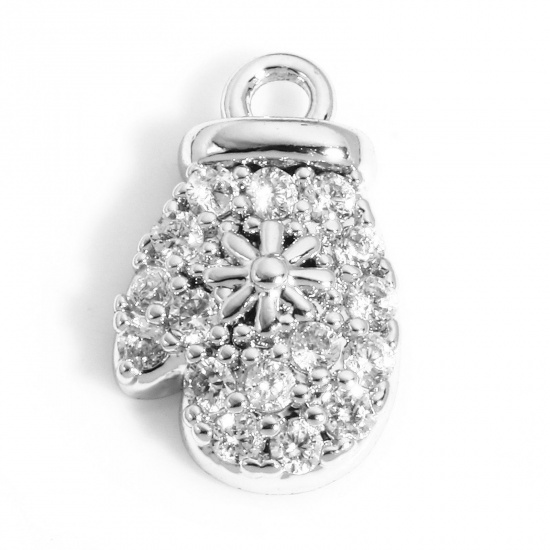 Immagine di 1 Pz Ottone Natale Charms Guanto Vero Platino Placcato Fiocco di Neve Micro Spianare Trasparente Cubic Zirconiae 11mm x 7mm