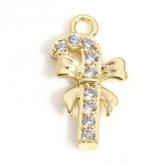 Immagine di 1 Pz Ottone Natale Charms 18K Vero Oro Placcato Gruccia di Zucchero di Natale Micro Spianare Trasparente Cubic Zirconiae 14mm x 8mm