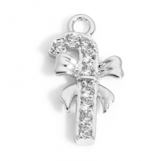 Immagine di 1 Pz Ottone Natale Charms Vero Platino Placcato Gruccia di Zucchero di Natale Micro Spianare Trasparente Cubic Zirconiae 14mm x 8mm