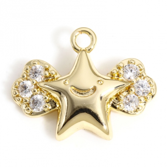 Immagine di 1 Pz Ottone Natale Charms Stella 18K Vero Oro Placcato Micro Spianare Trasparente Cubic Zirconiae 15mm x 12mm