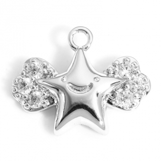 Immagine di 1 Pz Ottone Natale Charms Stella Vero Platino Placcato Micro Spianare Trasparente Cubic Zirconiae 15mm x 12mm