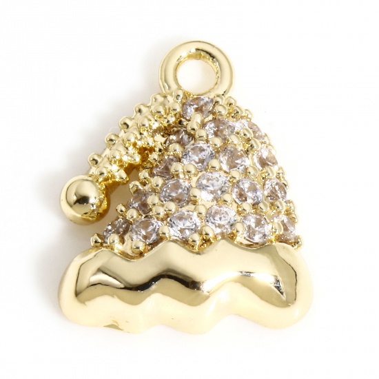 Immagine di 1 Pz Ottone Natale Charms Cappelli di Natale 18K Vero Oro Placcato Micro Spianare Trasparente Cubic Zirconiae 12mm x 10mm