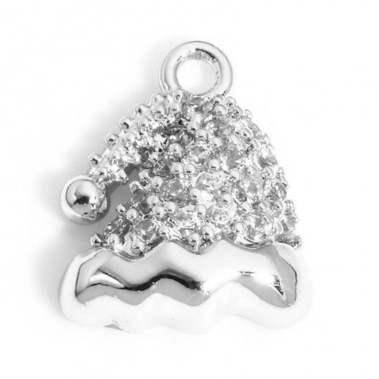 Immagine di 1 Pz Ottone Natale Charms Cappelli di Natale Vero Platino Placcato Micro Spianare Trasparente Cubic Zirconiae 12mm x 10mm