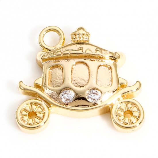 Immagine di 1 Pz Ottone Natale Charms Carrozza 18K Vero Oro Placcato Trasparente Cubic Zirconiae 15.5mm x 14mm