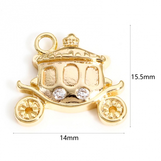 Immagine di 1 Pz Ottone Natale Charms Carrozza 18K Vero Oro Placcato Trasparente Cubic Zirconiae 15.5mm x 14mm