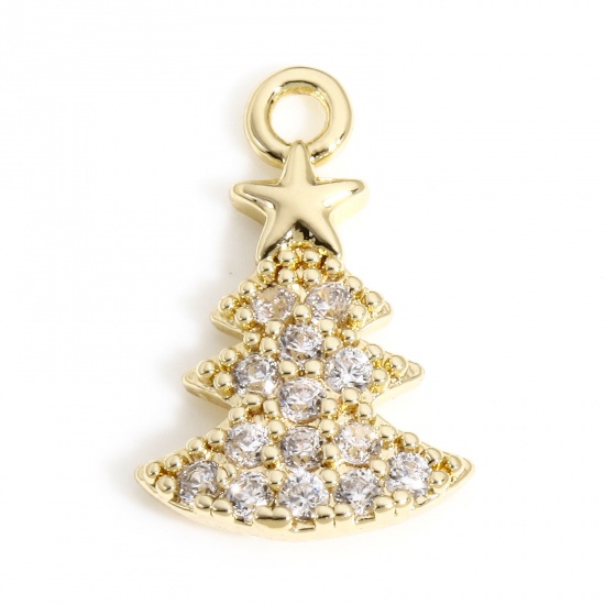 Picture of 1 Piece Brass Christmas Charms 18K Real Gold Plated Christmas Tree Star Micro Pave Clear Cubic Zirconia 14mm x 9mm