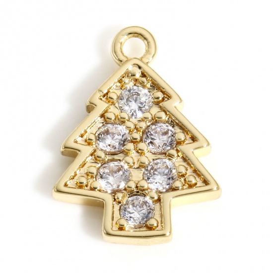 Picture of 1 Piece Copper Christmas Charms 18K Real Gold Plated Christmas Tree Micro Pave Clear Cubic Zirconia 12mm x 9mm