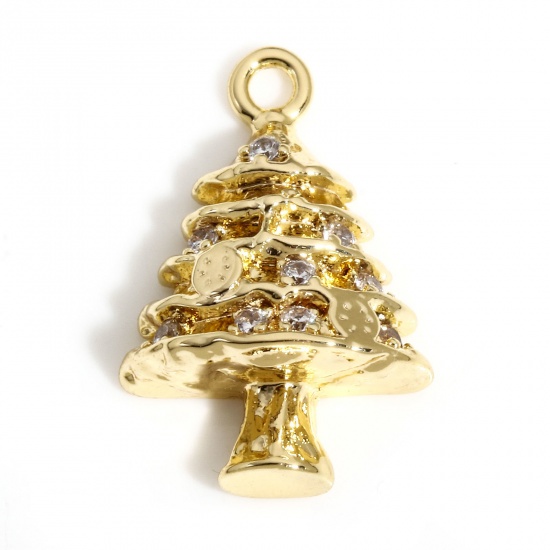 Picture of 1 Piece Brass Christmas Charms 18K Real Gold Plated Christmas Tree Micro Pave Clear Cubic Zirconia 16mm x 10.5mm