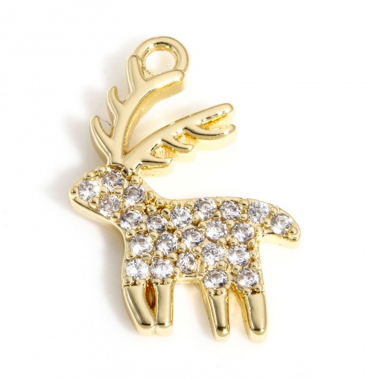 Picture of 1 Piece Brass Christmas Charms 18K Real Gold Plated Christmas Reindeer Micro Pave Clear Cubic Zirconia 15mm x 10.5mm