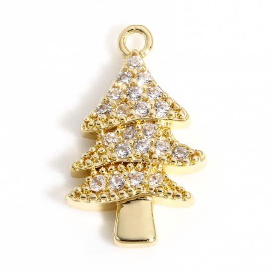 Picture of 1 Piece Copper Christmas Charms 18K Real Gold Plated Christmas Tree Micro Pave Clear Cubic Zirconia 16mm x 10mm