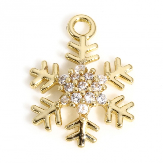 Picture of 1 Piece Copper Christmas Charms 18K Real Gold Plated Christmas Snowflake Micro Pave Clear Cubic Zirconia 12mm x 9mm