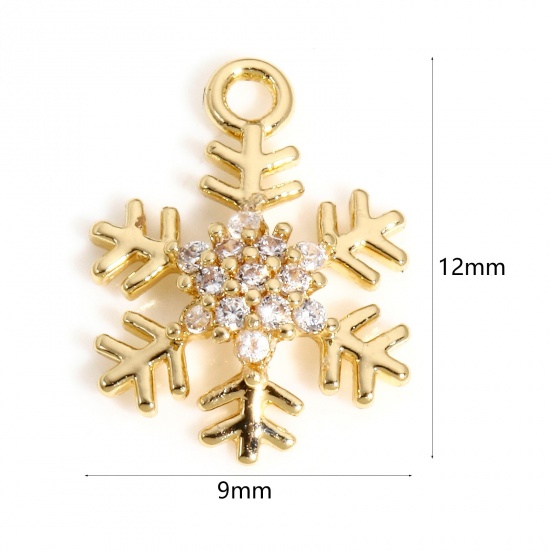 Picture of 1 Piece Brass Christmas Charms 18K Real Gold Plated Christmas Snowflake Micro Pave Clear Cubic Zirconia 12mm x 9mm