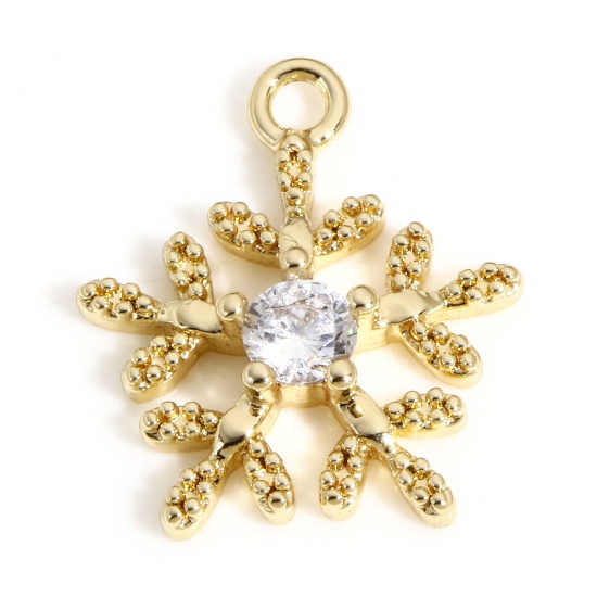 Picture of 1 Piece Copper Christmas Charms 18K Real Gold Plated Christmas Snowflake Clear Cubic Zirconia 13mm x 12mm