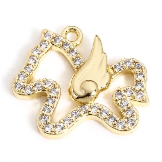 Picture of 1 Piece Copper Christmas Charms 18K Real Gold Plated Wing Horse Micro Pave Clear Cubic Zirconia 15mm x 13mm