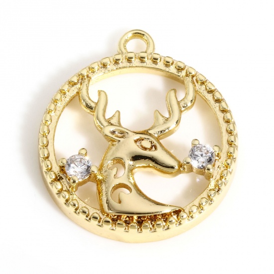 Picture of 1 Piece Copper Christmas Charms 18K Real Gold Plated Round Christmas Reindeer Clear Cubic Zirconia 15mm x 13mm