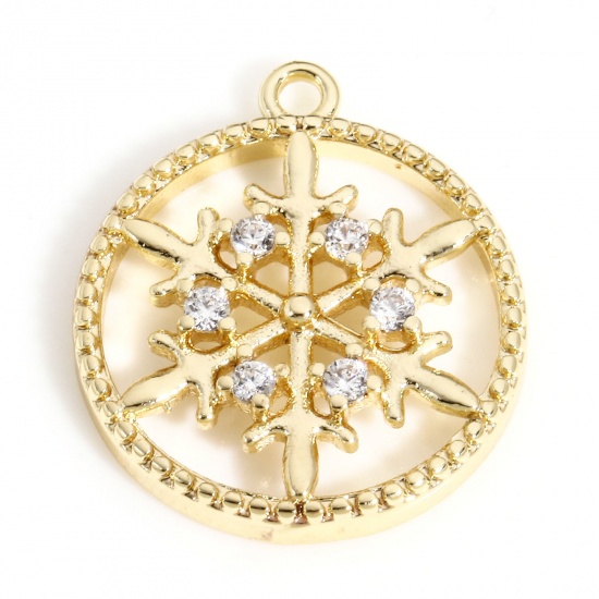 Picture of 1 Piece Copper Christmas Charms 18K Real Gold Plated Round Snowflake Clear Cubic Zirconia 15mm x 13mm