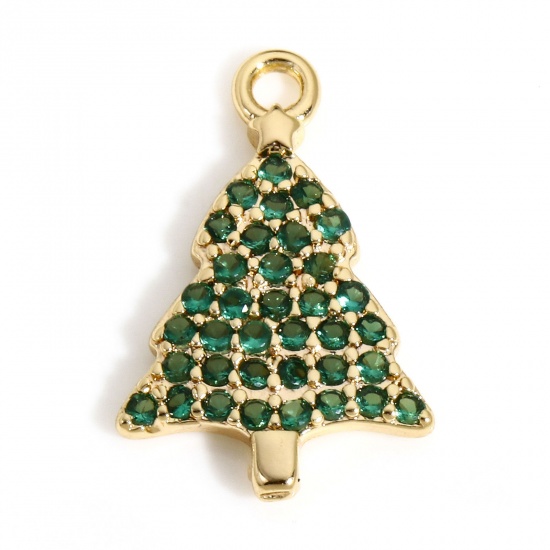 Picture of 1 Piece Copper Christmas Charms 18K Real Gold Plated Christmas Tree Micro Pave Green Cubic Zirconia 15mm x 9.5mm