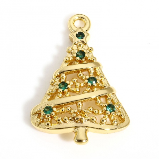 Picture of 1 Piece Copper Christmas Charms 18K Real Gold Plated Christmas Tree Green Cubic Zirconia 18.5mm x 12mm