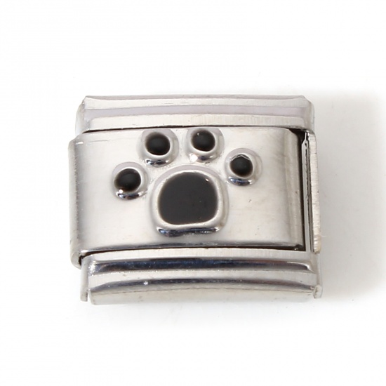 Picture of 1 Piece 304 Stainless Steel Italian Charm Links For DIY Bracelet Jewelry Making Silver Tone Black Rectangle Paw Print Enamel 10mm x 9mm