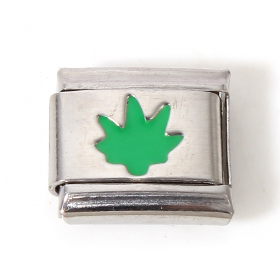 Picture of 1 Piece 304 Stainless Steel Italian Charm Links For DIY Bracelet Jewelry Making Silver Tone Green Rectangle Maple Leaf Enamel 10mm x 9mm