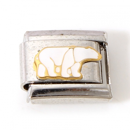 Picture of 1 Piece 304 Stainless Steel Italian Charm Links For DIY Bracelet Jewelry Making Silver Tone White Rectangle Bear Enamel 10mm x 9mm