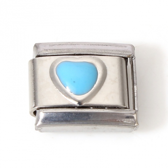 Picture of 1 Piece 304 Stainless Steel Italian Charm Links For DIY Bracelet Jewelry Making Silver Tone Blue Rectangle Heart Enamel 10mm x 9mm