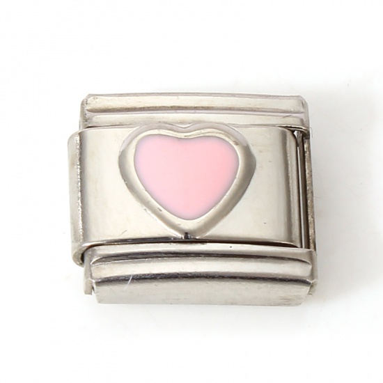 Picture of 1 Piece 304 Stainless Steel Italian Charm Links For DIY Bracelet Jewelry Making Silver Tone Pink Rectangle Heart Enamel 10mm x 9mm