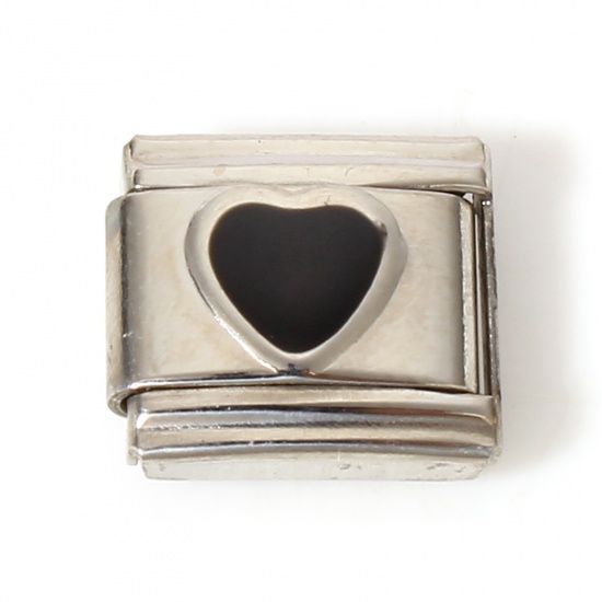 Picture of 1 Piece 304 Stainless Steel Italian Charm Links For DIY Bracelet Jewelry Making Silver Tone Black Rectangle Heart Enamel 10mm x 9mm