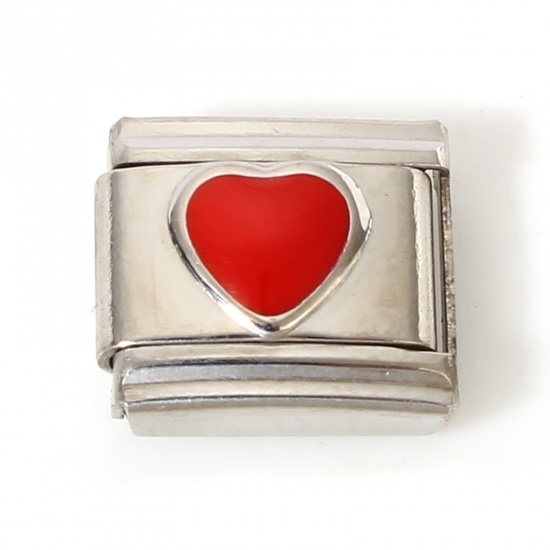 Picture of 1 Piece 304 Stainless Steel Italian Charm Links For DIY Bracelet Jewelry Making Silver Tone Red Rectangle Heart Enamel 10mm x 9mm