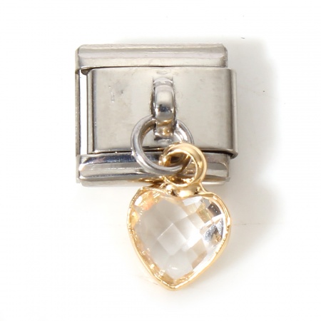 Picture of 1 Piece 304 Stainless Steel & Glass Italian Charm Links For DIY Bracelet Jewelry Making Silver Tone Transparent Clear Rectangle Heart With Pendant 17mm x 10mm