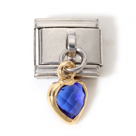 Picture of 1 Piece 304 Stainless Steel & Glass Italian Charm Links For DIY Bracelet Jewelry Making Silver Tone Royal Blue Rectangle Heart With Pendant 17mm x 10mm