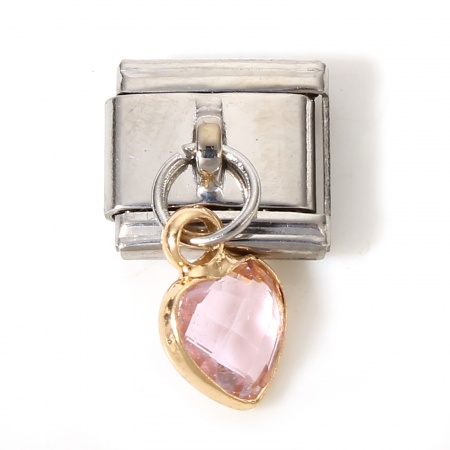 Picture of 1 Piece 304 Stainless Steel & Glass Italian Charm Links For DIY Bracelet Jewelry Making Silver Tone Pink Rectangle Heart With Pendant 17mm x 10mm