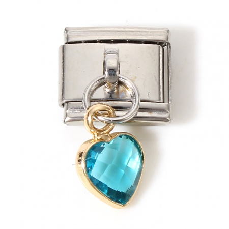 Picture of 1 Piece 304 Stainless Steel & Glass Italian Charm Links For DIY Bracelet Jewelry Making Silver Tone Lake Blue Rectangle Heart With Pendant 17mm x 10mm