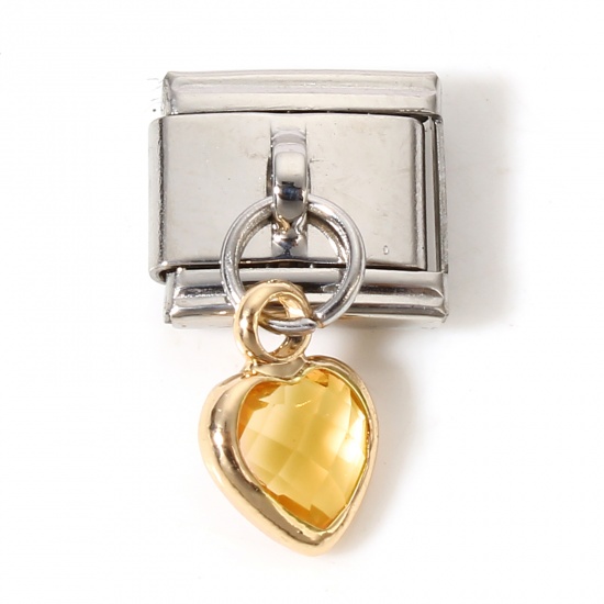 Picture of 1 Piece 304 Stainless Steel & Glass Italian Charm Links For DIY Bracelet Jewelry Making Silver Tone Yellow Rectangle Heart With Pendant 17mm x 10mm