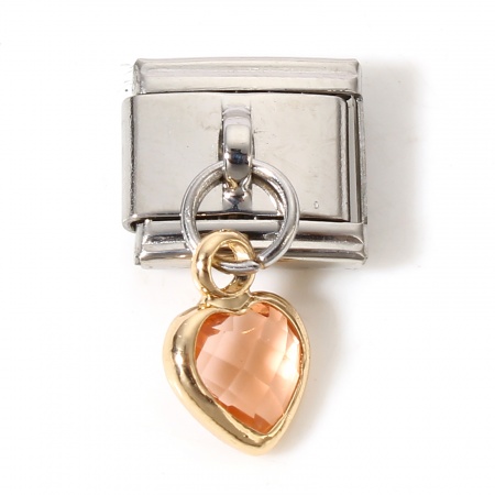 Picture of 1 Piece 304 Stainless Steel & Glass Italian Charm Links For DIY Bracelet Jewelry Making Silver Tone Champagne Rectangle Heart With Pendant 17mm x 10mm
